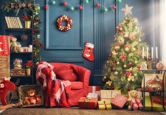 Toile de fond d'arbre de Noël bleu rouge canapé photographie décors