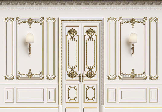 Toile de fond de porte de mur blanc de texture d'or de mariage luxueux pour le studio