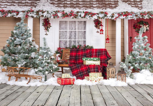 Toile de fond de Noël de neige d'hiver de plancher en bois