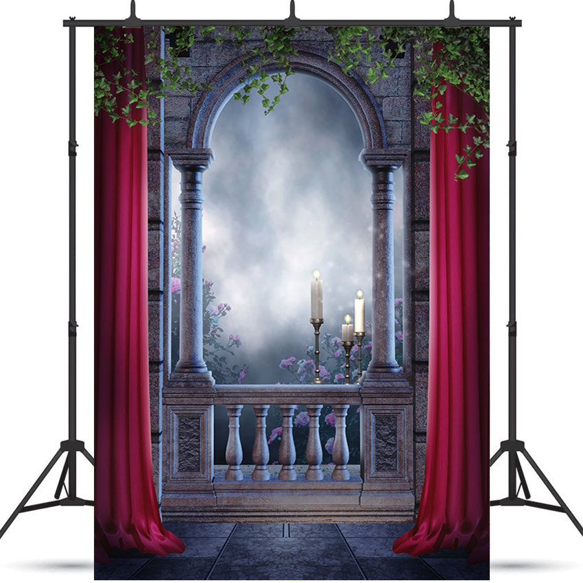 Toile de fond de balcon vintage avec des rideaux rouges de photographie SBH0255
