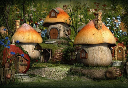 Toile de fond de maison de champignon vert de la forêt pour la photographie de photo de bébé