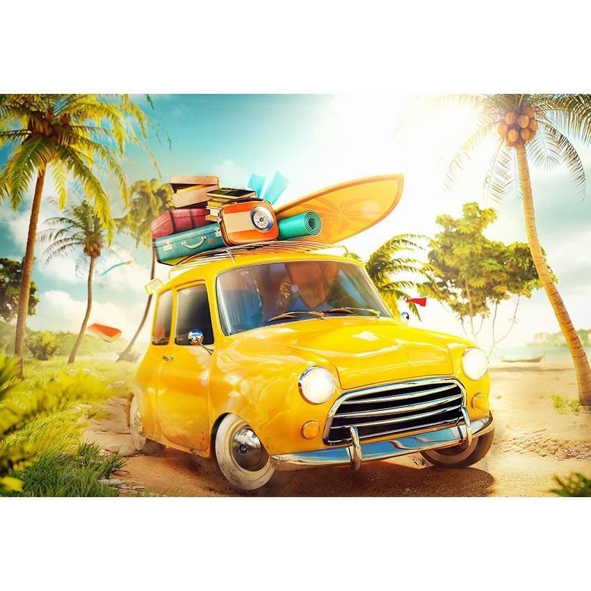 Seaside Sunshine Yellow Car Backdrops Sea Summer Photography Background