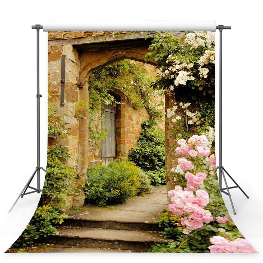 Old Stone Door With Pink Flowers Backdrop Spring View Photography Background