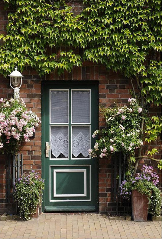 Toile de fond de porte verte entourée de feuilles vertes et de fleurs pour la photographie