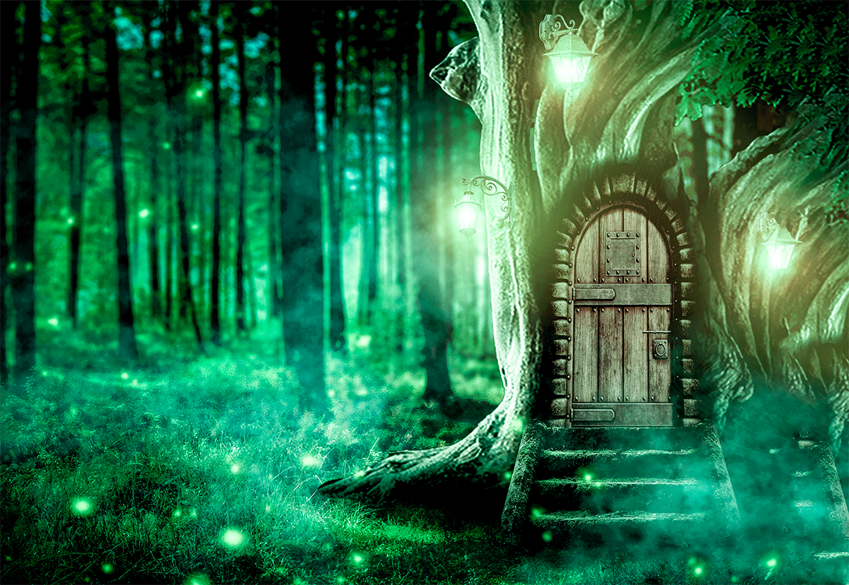 Toile de fond de forêt verte grande maison sur fond d'arbre vert