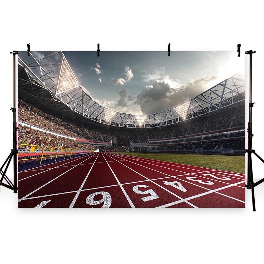 Toile de fond de photographie de terrain de football de fond de piste en plastique de stade