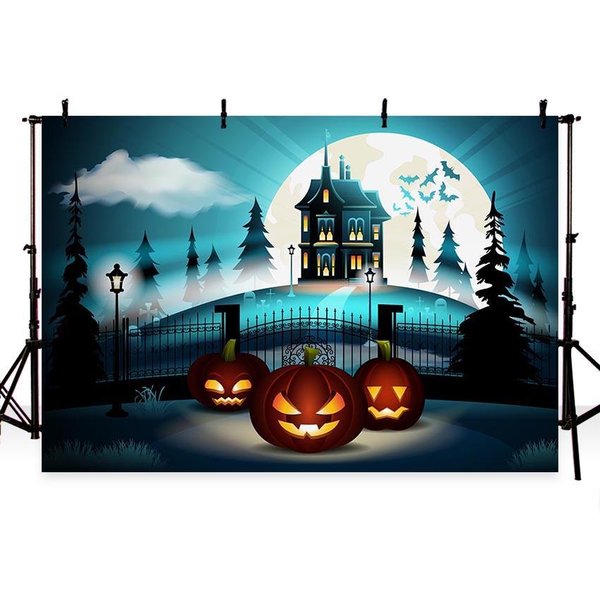 Toile de fond de citrouille secrète de château bleu foncé pour la photographie de fête d'Halloween