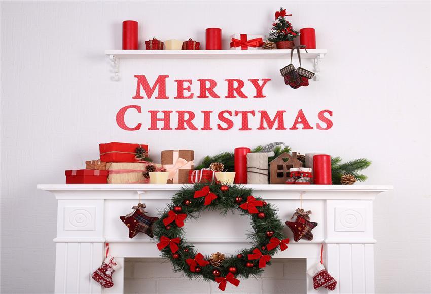 Toile de fond décors de photographie de joyeux Noël de cheminée blanche