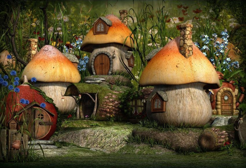 Toile de fond de maison de champignon vert de la forêt pour la photographie de photo de bébé