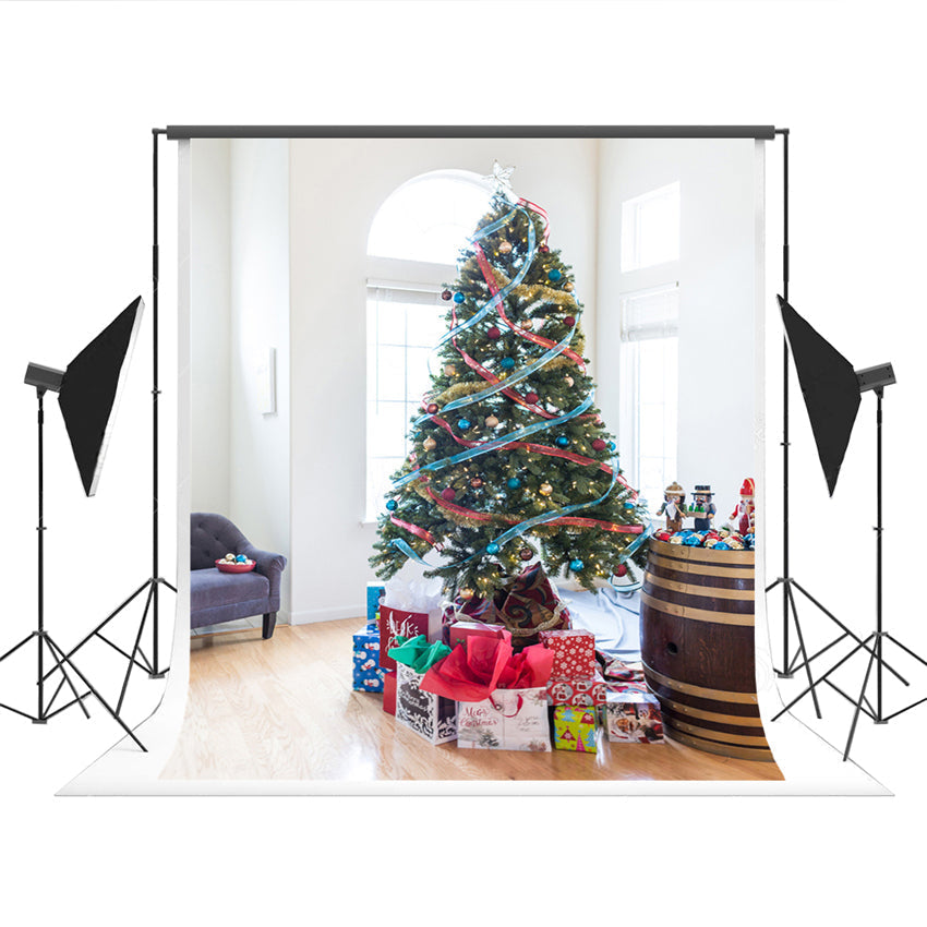 Toile de fond d'arbre de Noël tonneau de vin plancher de bois décors de photographie