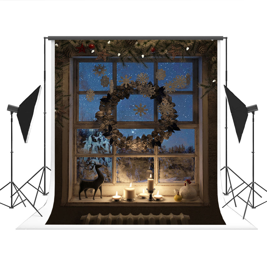 Toile de fond de guirlande de Noël de fenêtre d'hiver pour la photo