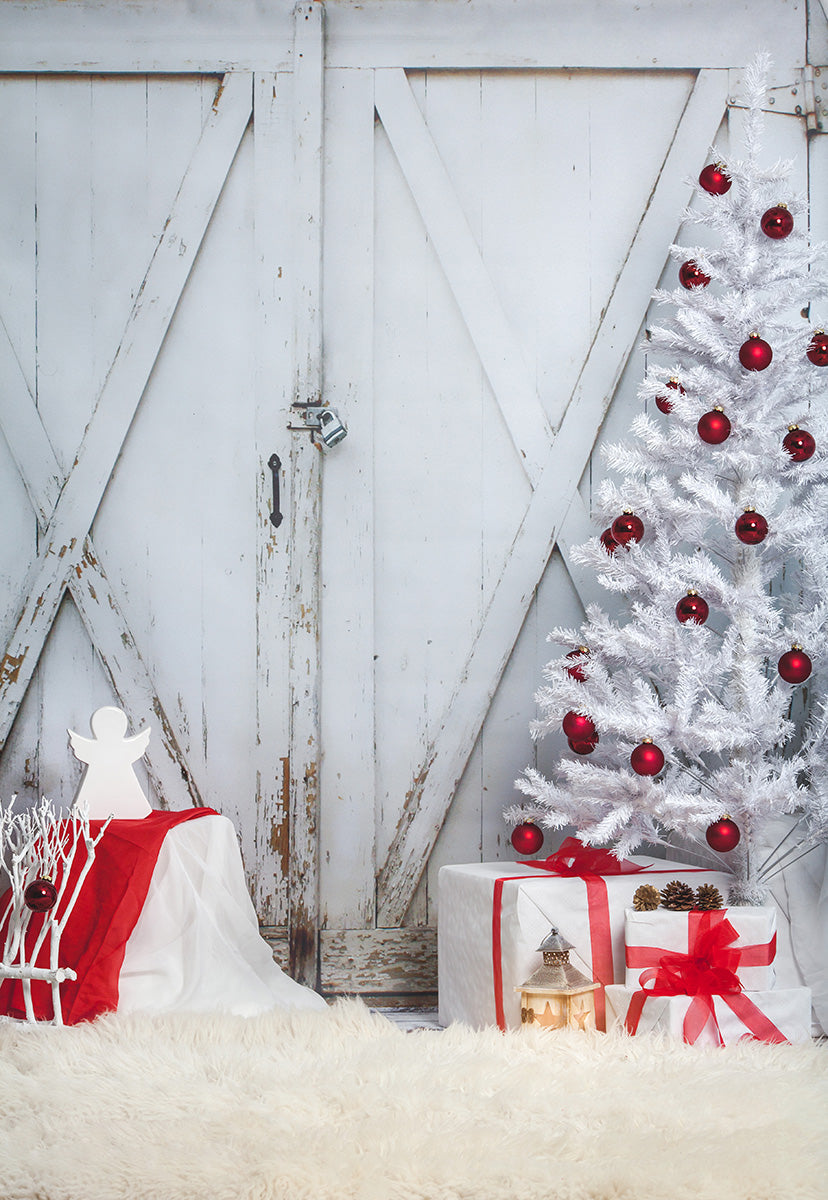 Toile de fond de porte en bois de son blanc décors de sapin de Noël blanc