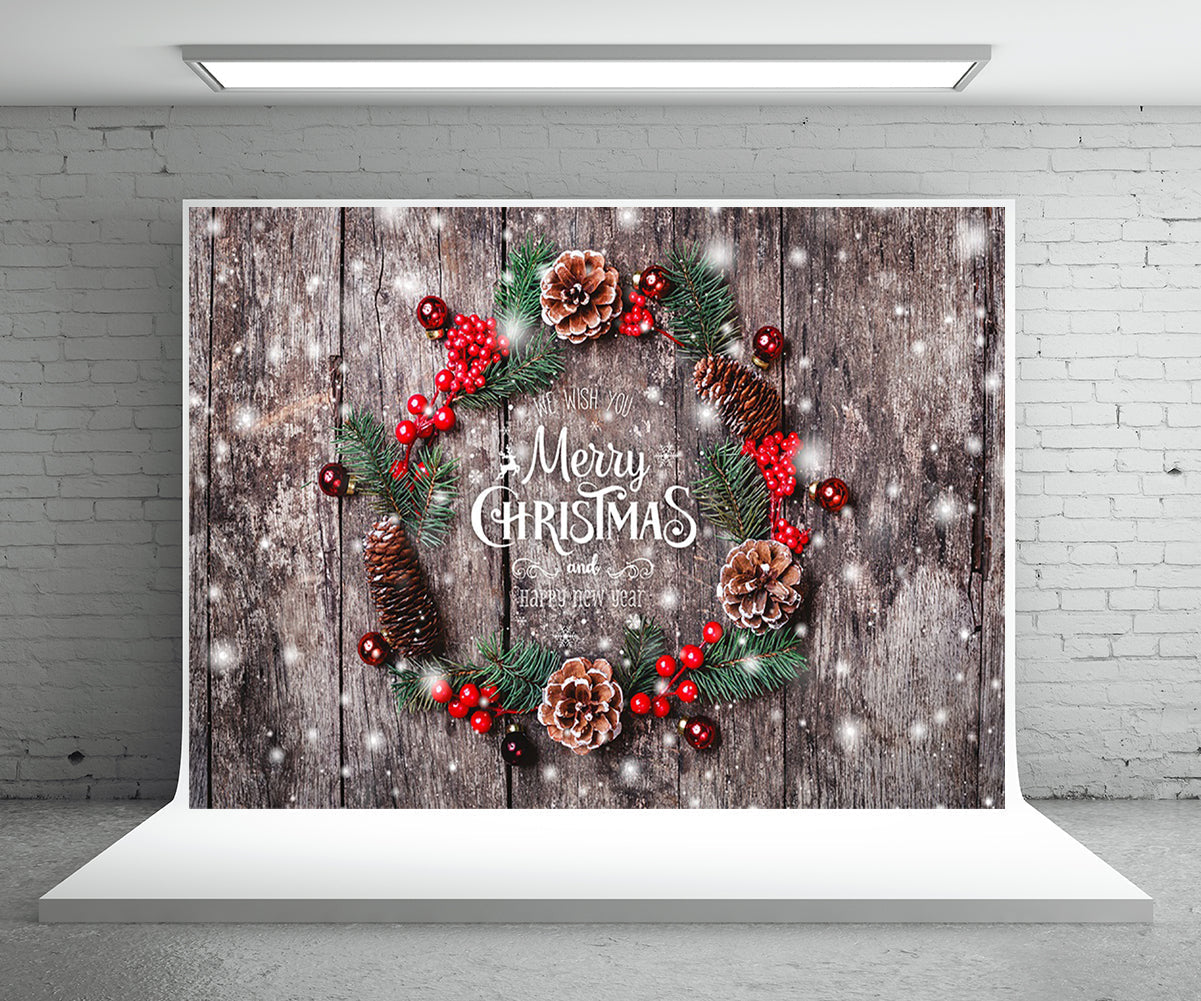 Toile de fond de guirlande de Noël photographie flocon de neige fond bois