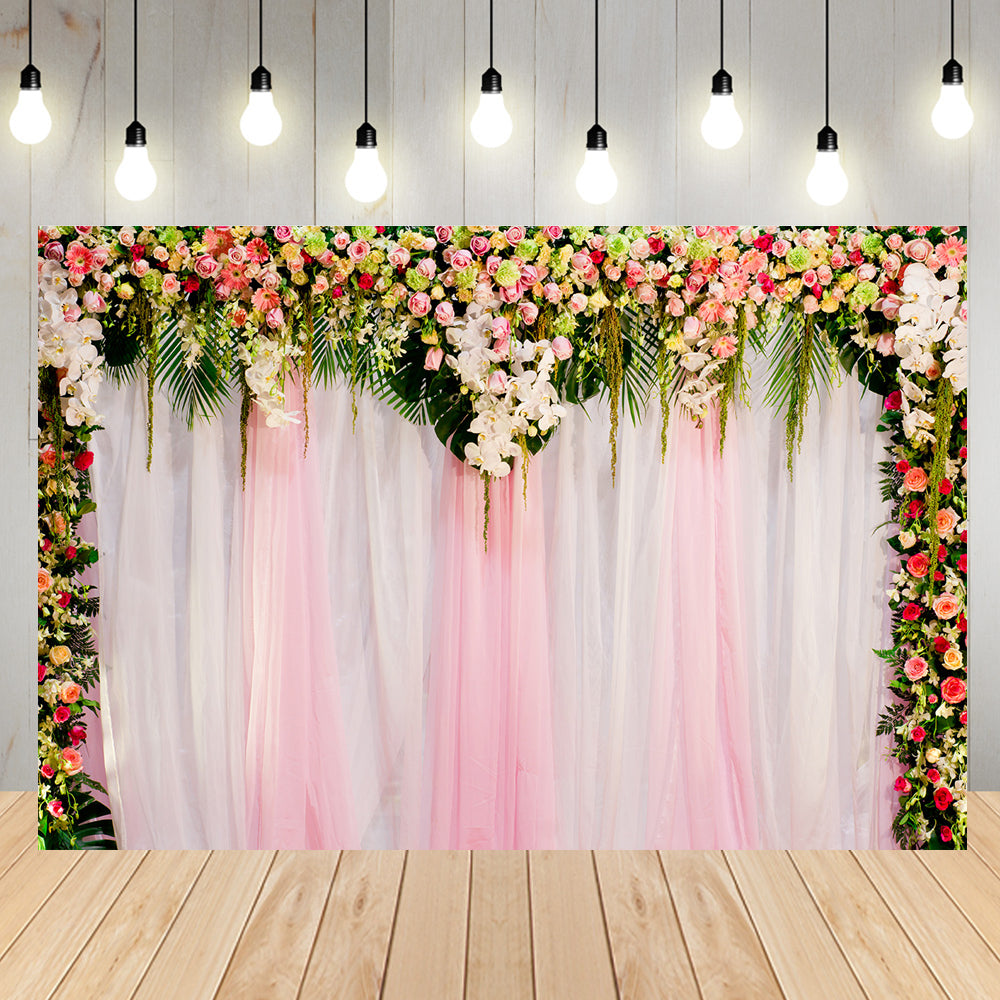 Toile de fond décors de mariage blanc et rose pour la photographie rideau de sol en bois décoré de fleurs roses roses