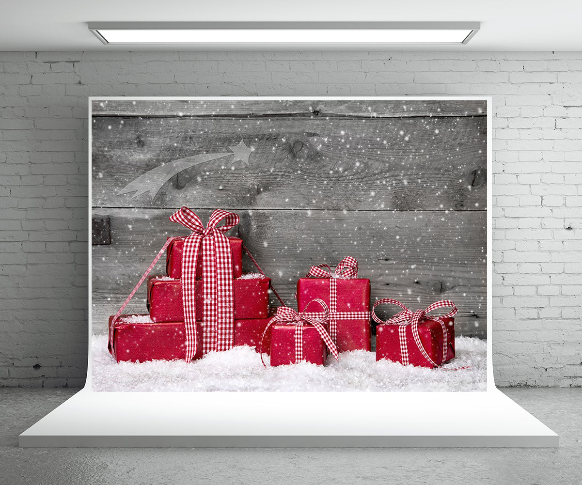 Toile de fond de photographie de cadeau de Noël rouge fond de mur en bois