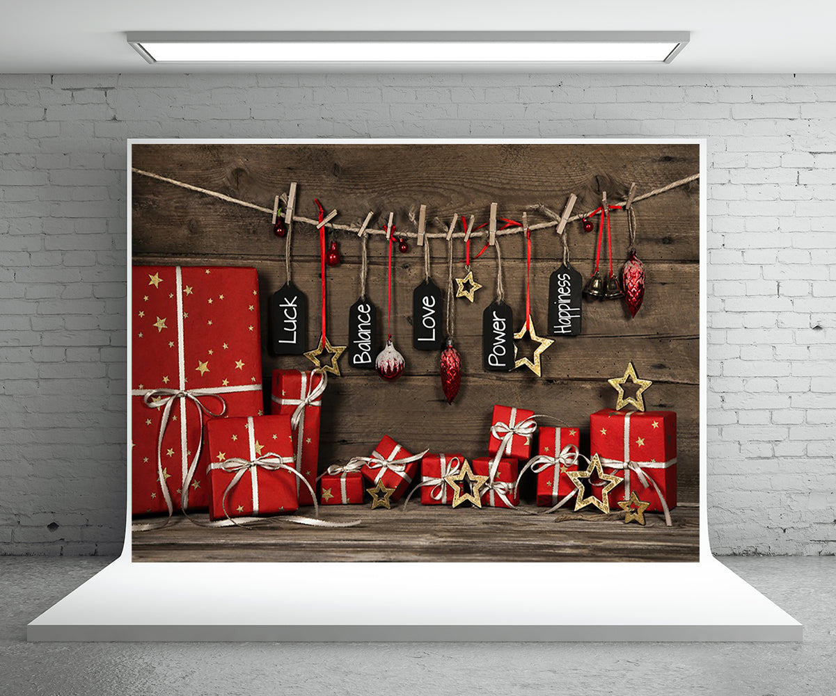 Toile de fond de photographie de Noël de mur en bois cadeau rouge