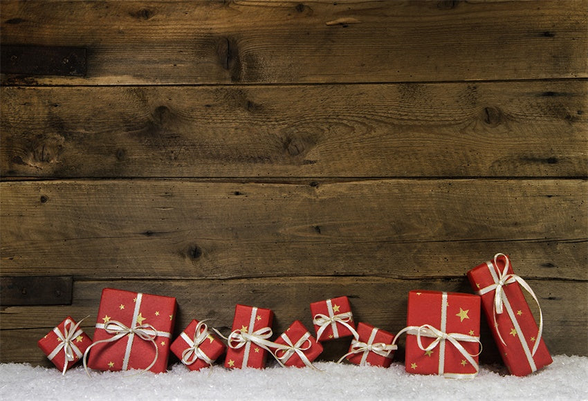 Toile de fond de cadeau de Noël rouge fond de photographie de neige fond de mur en bois