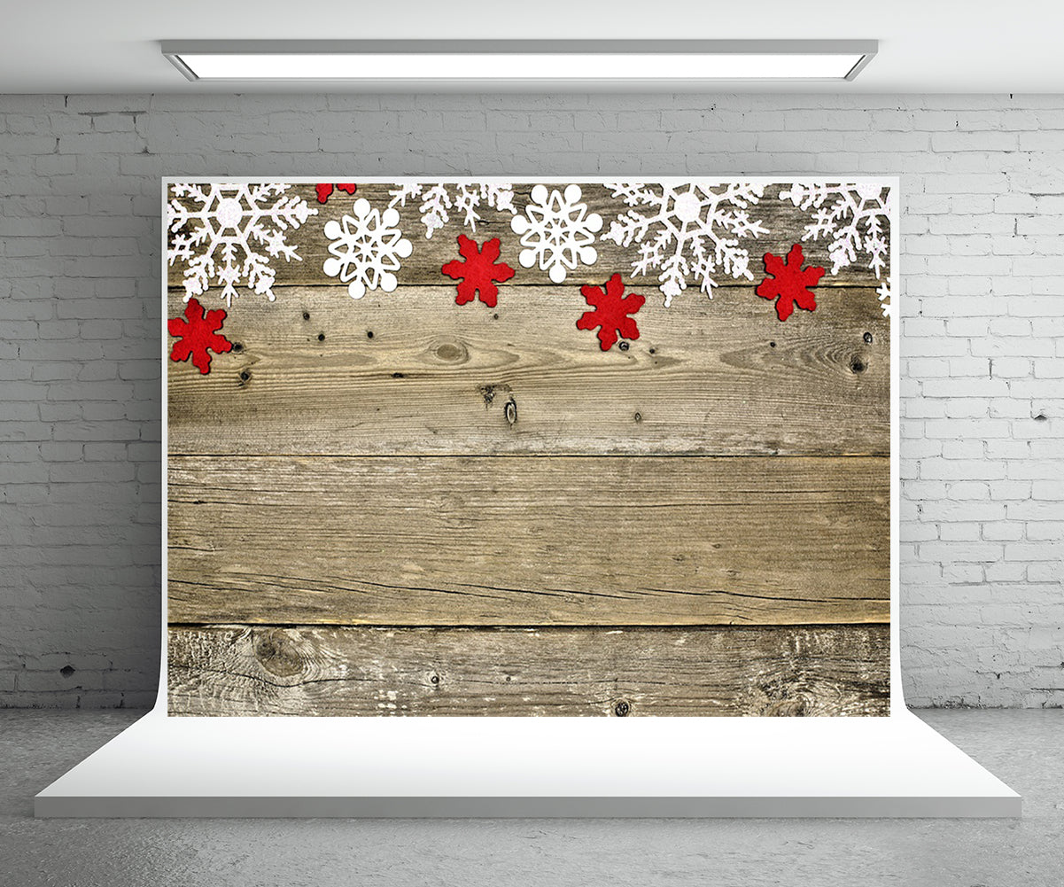 Toile de fond de flocon de neige feuilles rouges fond de photographie de mur en bois fond de Noël