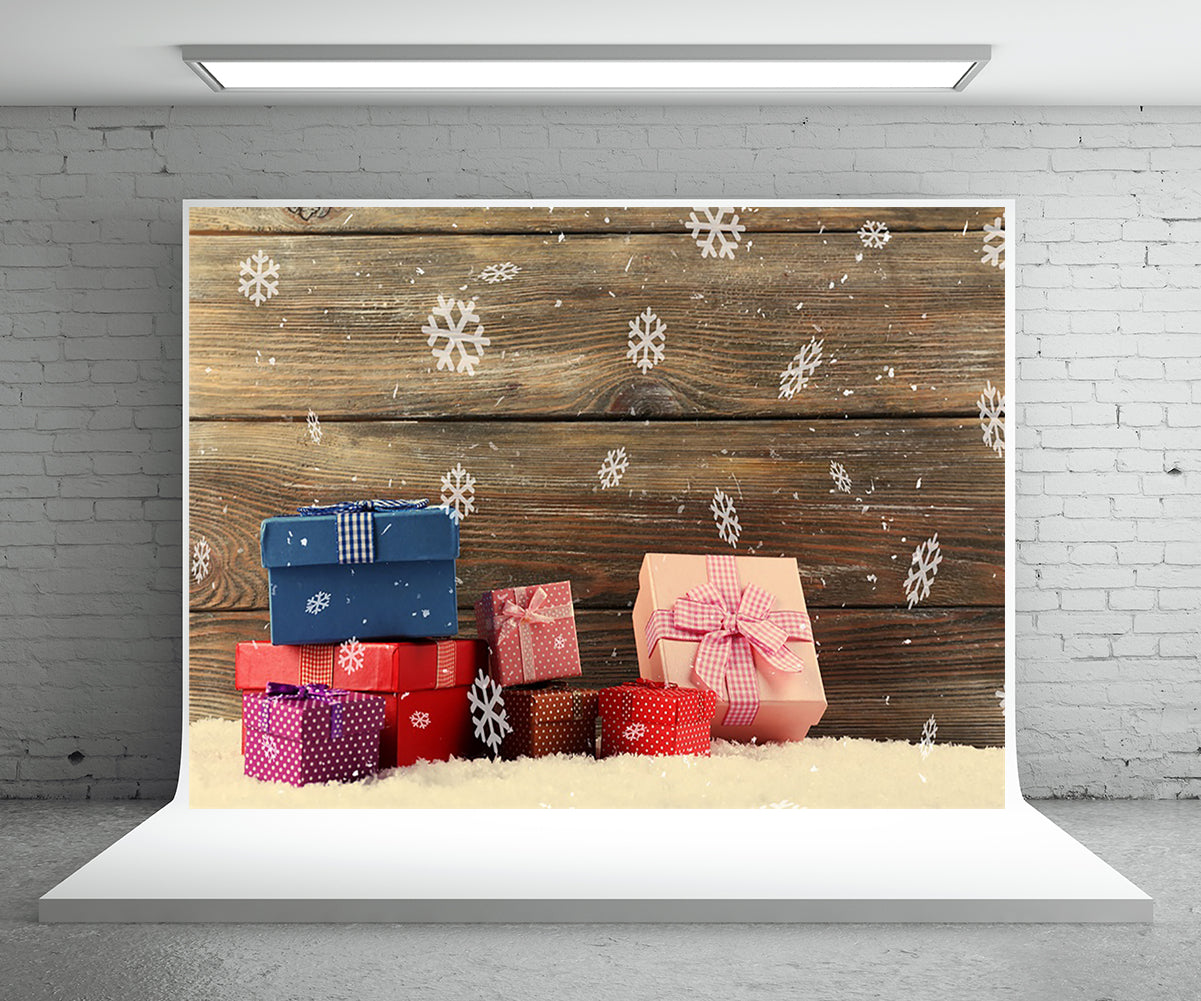 Toile de fond de photographie de cadeau de Noël mur en bois de flocon de neige