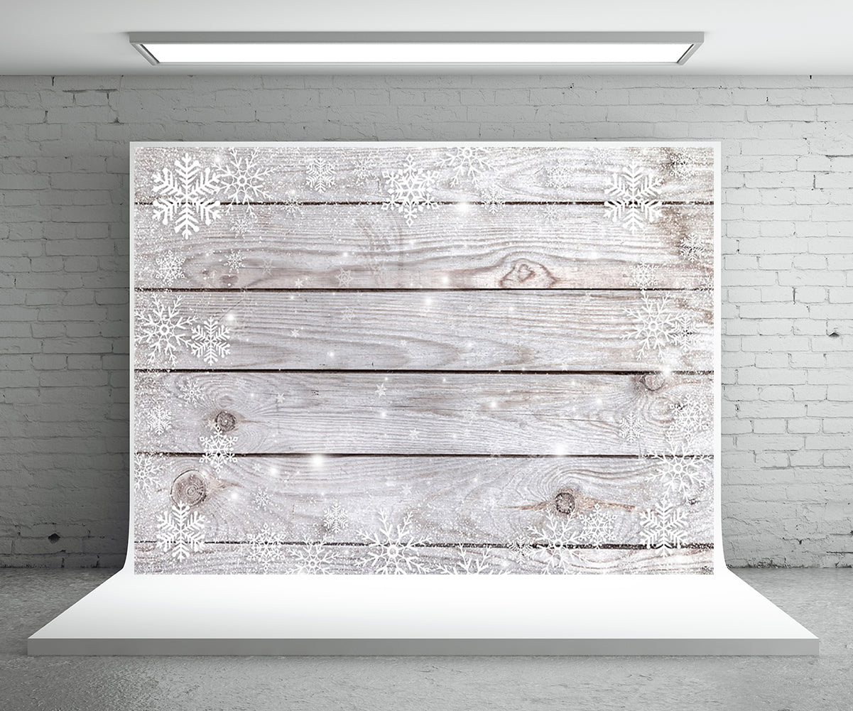 Toile de fond Noël blanc flocons de neige mur en bois clair fond de photographie
