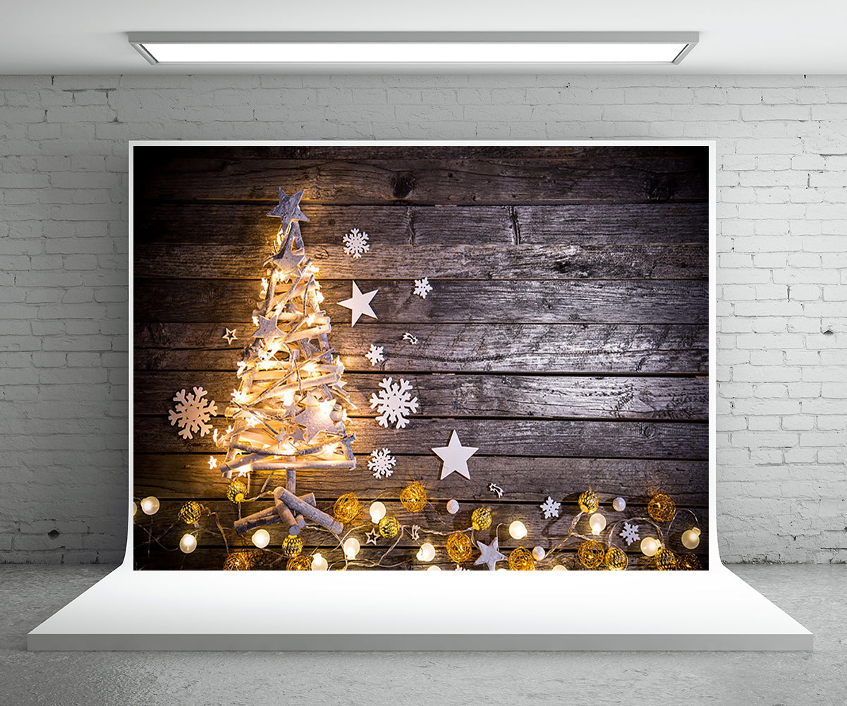 Toile de fond de photographie de sapin de Noël de mur en bois foncé