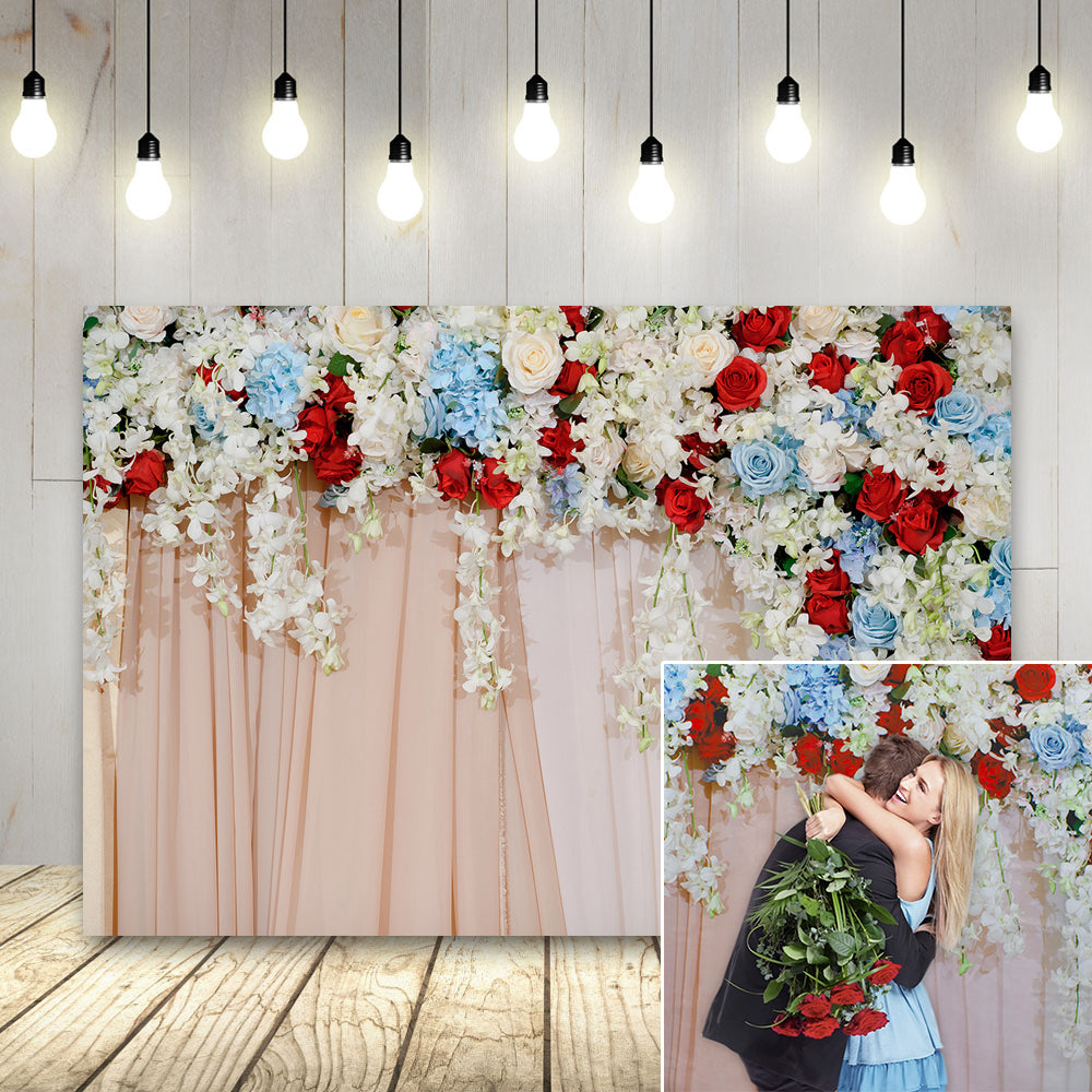 Toile de fond décors rouge et bleu floral rideau pour la photo nouveau-né anniversaire fête de mariage décoration