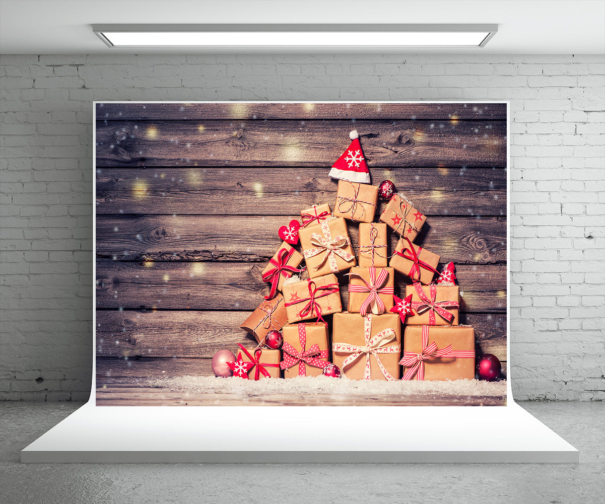 Toile de fond de boîte cadeau de Noël fond de photographie mur en bois
