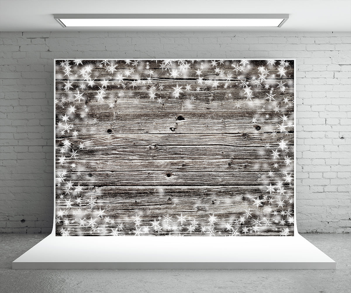 Toile de fond de photographie de mur en bois gris clair de flocon de neige de Noël