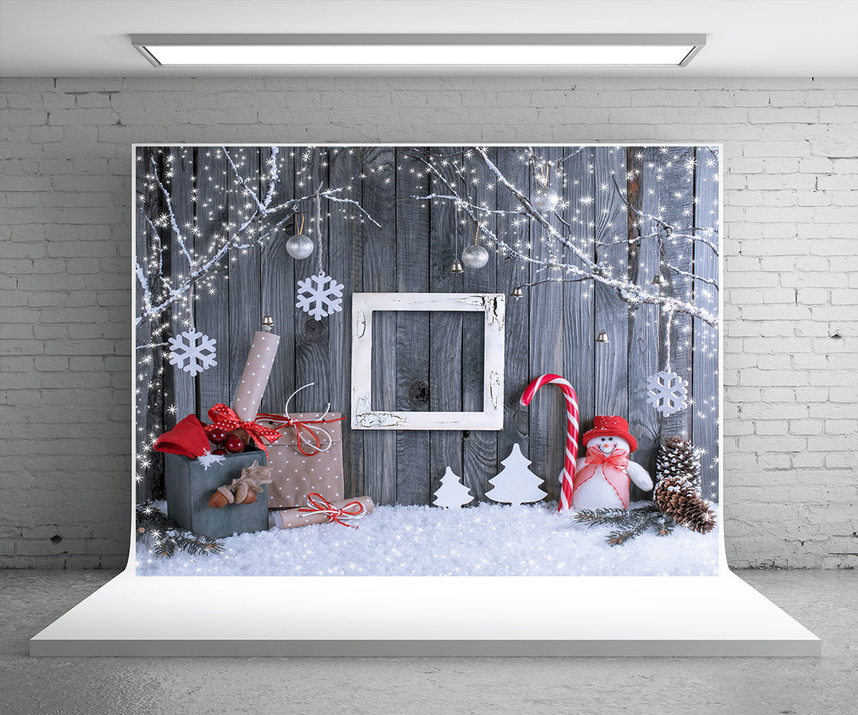 Toile de fond de photographie de mur en bois de branches de flocon de neige de Noël