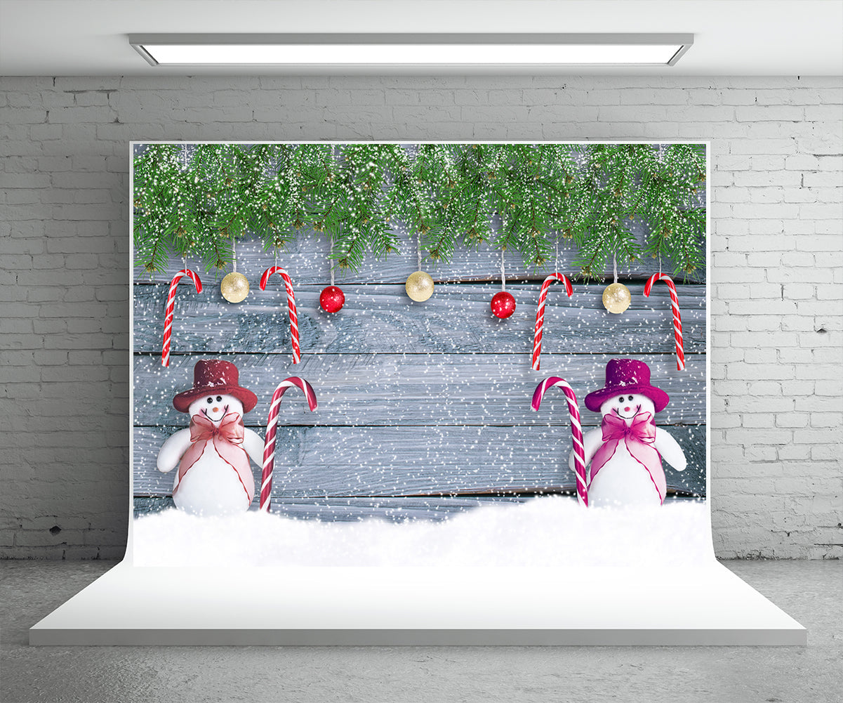 Toile de fond de bonhomme de neige Noël photographie flocon de neige fond de mur en bois
