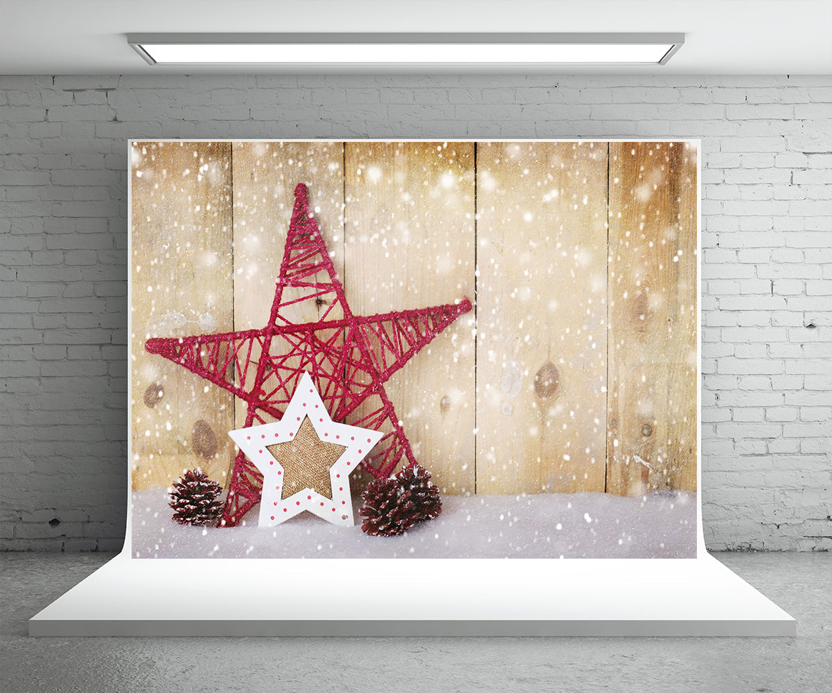 Toile de fond de photo en bois de Noël étoile rouge pour l'hiver
