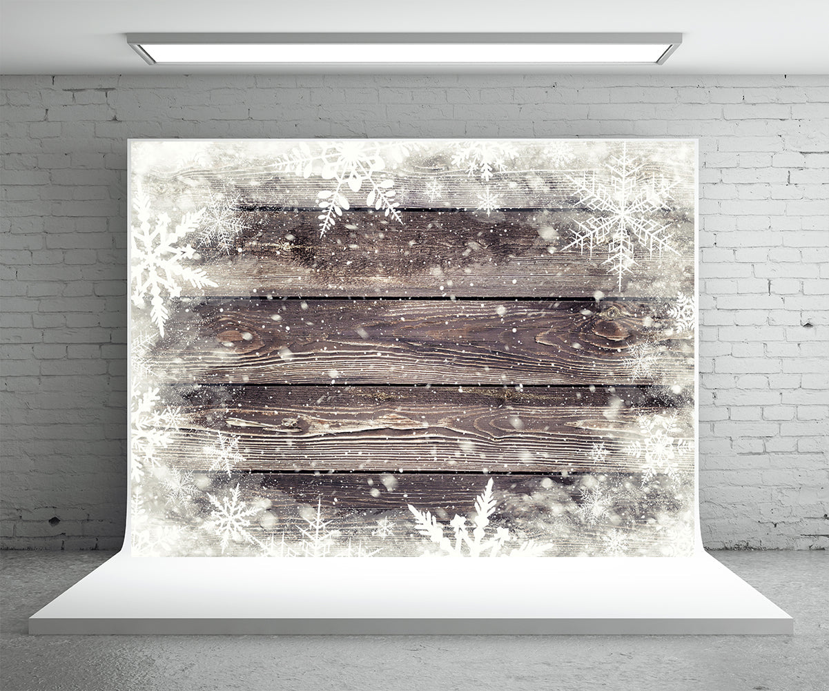 Toile de fond de photographie de flocon de neige blanc fond de mur en bois de Noël