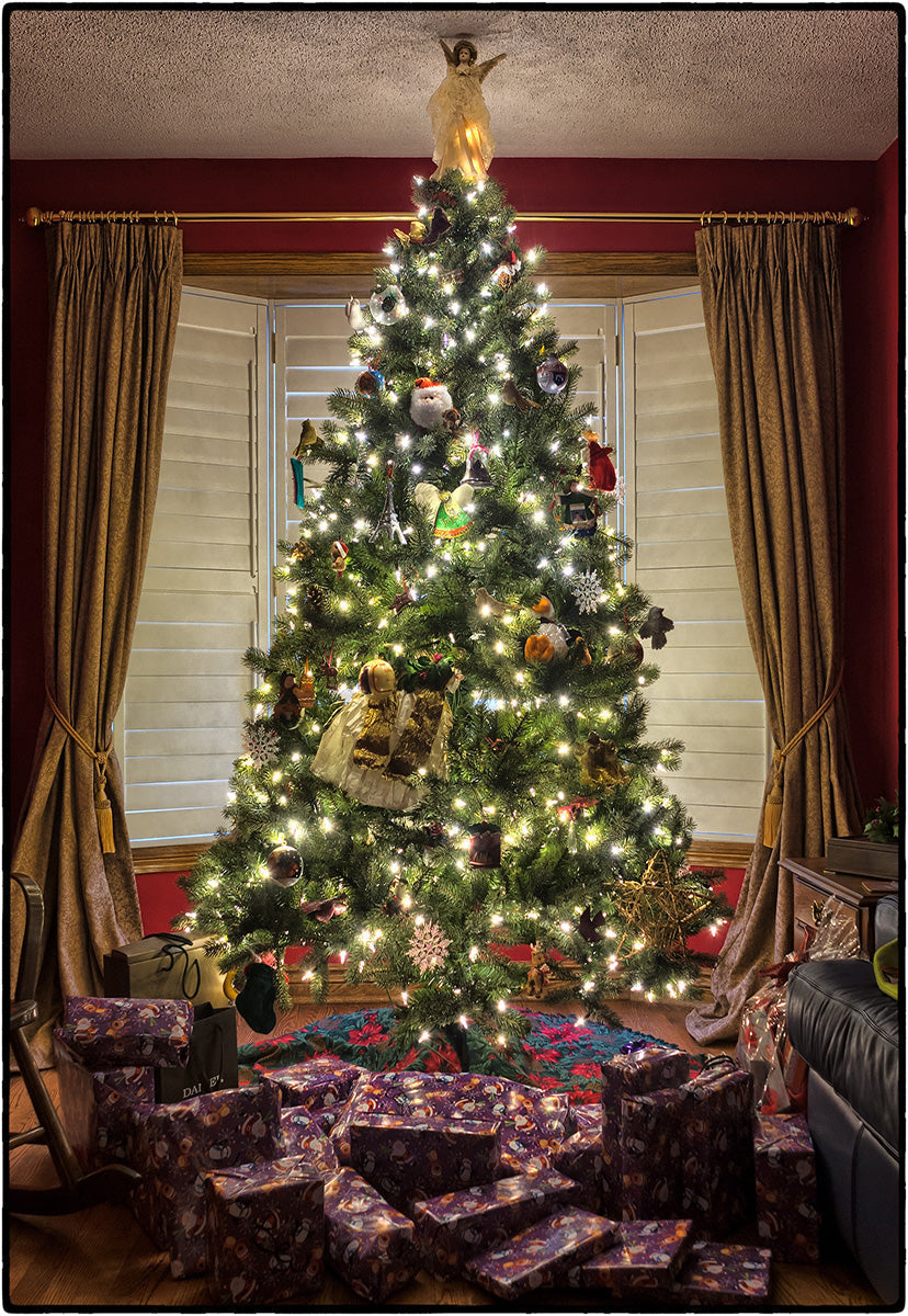 Toile de fond décors de photo de rideau de cadeau d'arbre de Noël lumineux