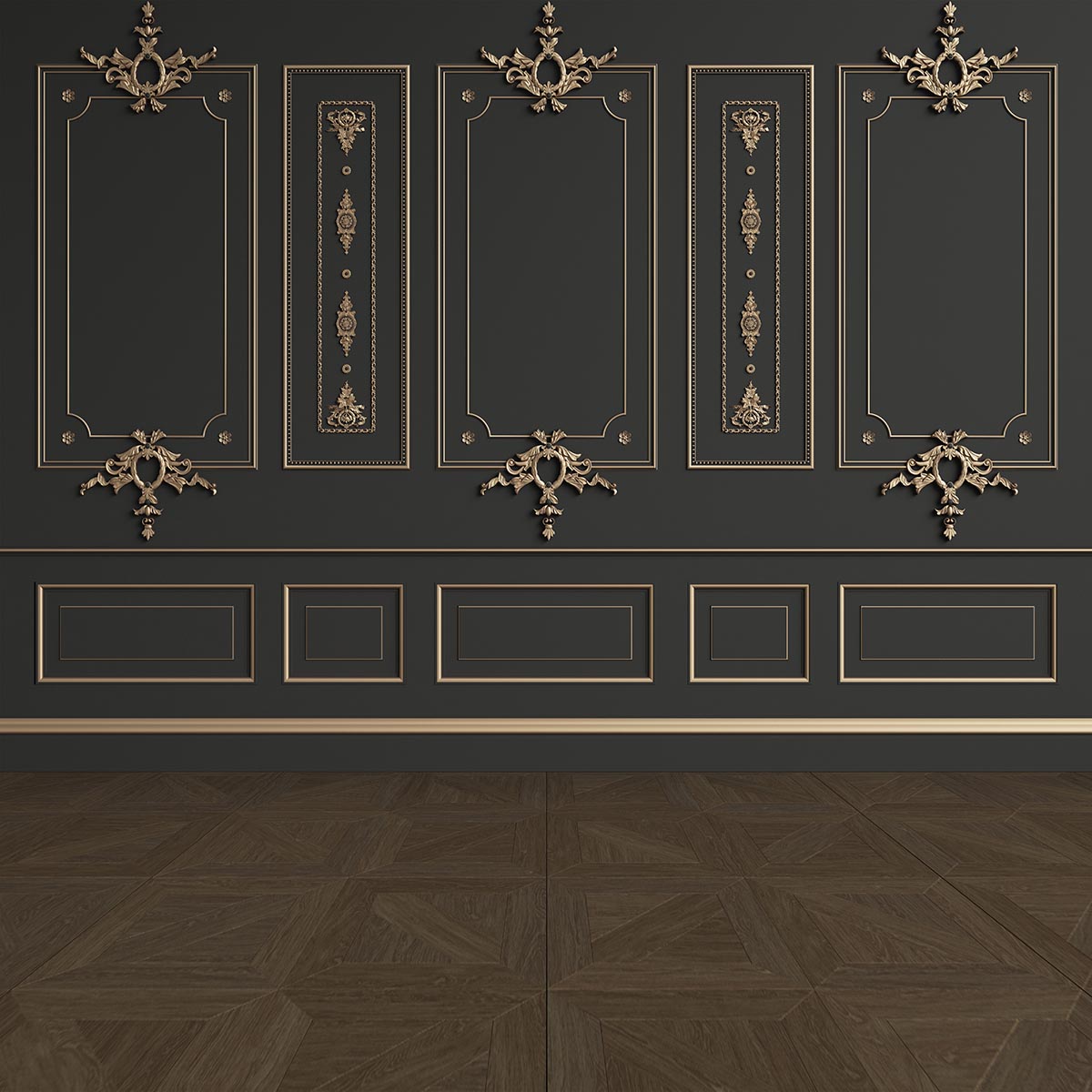 Toile de fond de photographie de mur noir de décor de sculpture d'or pour le mariage