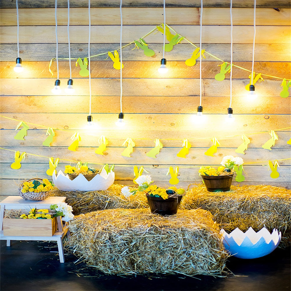 Toile de fond décors de stand de photo de drapeau de lapin de paille de Pâques lumineux