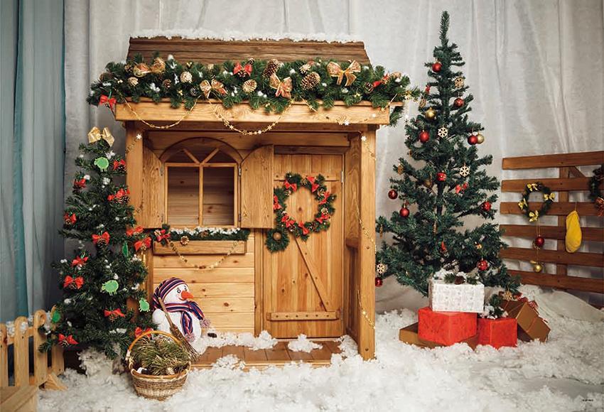 Toile de fond décors de photographie de Noël de neige de maison en bois