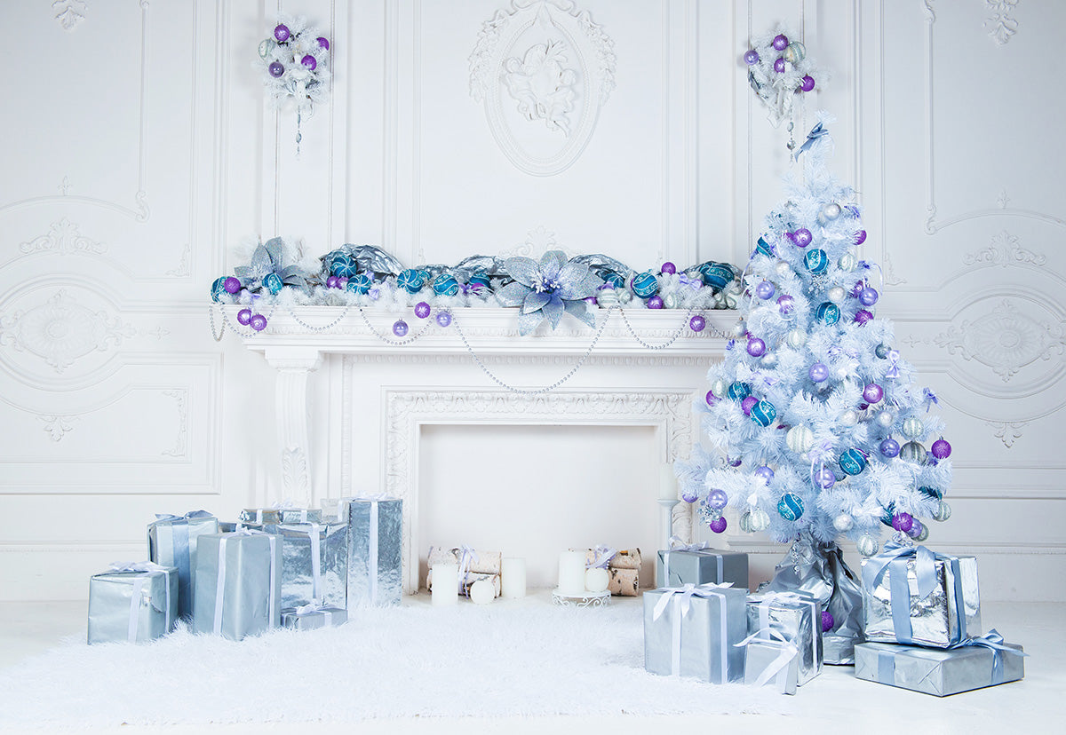 Toile de fond décors de photographie de cheminée blanche de Noël bleu