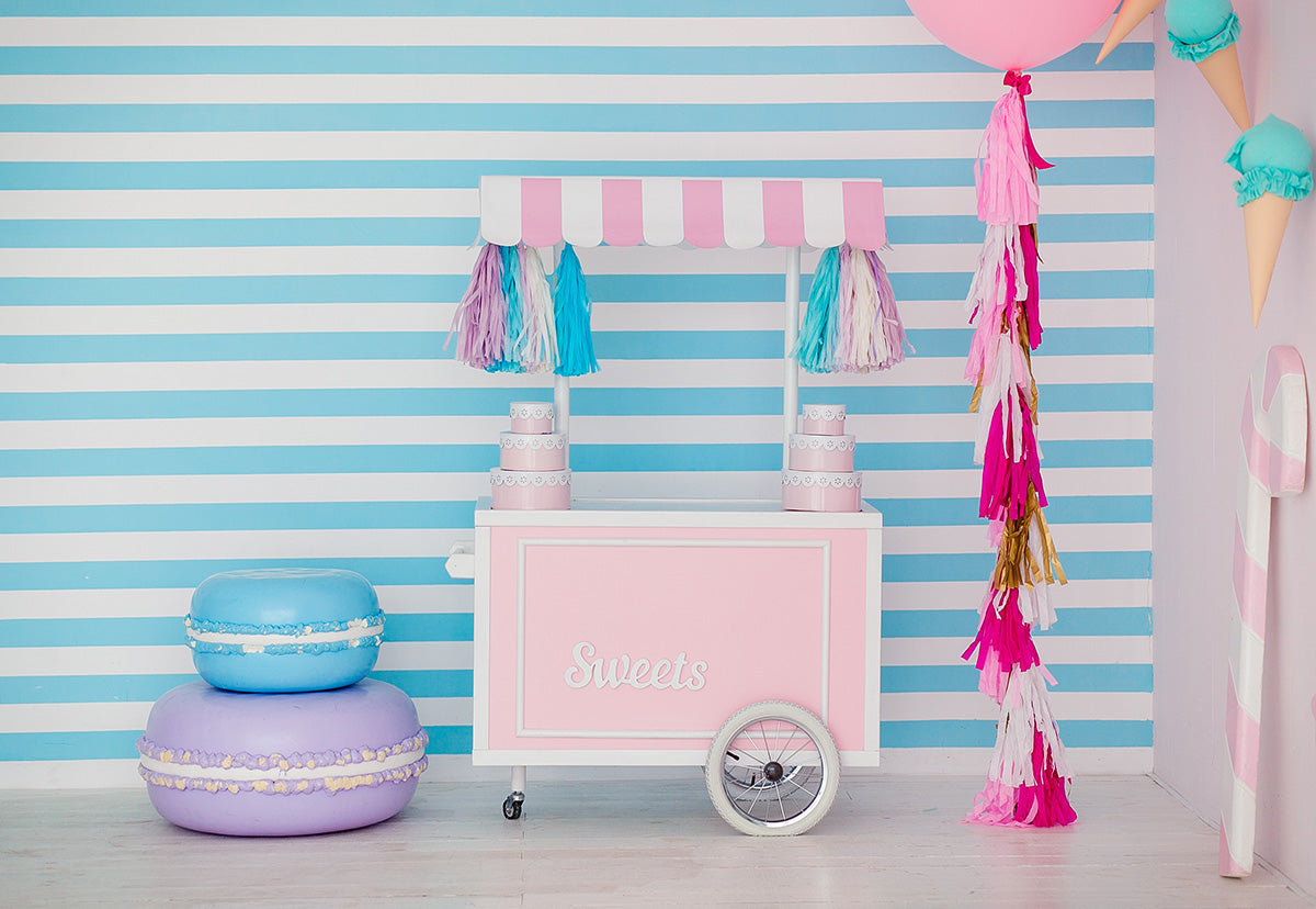 Toile de fond de bonbons rose et blanc rayures anniversaire pour la bébé photographie