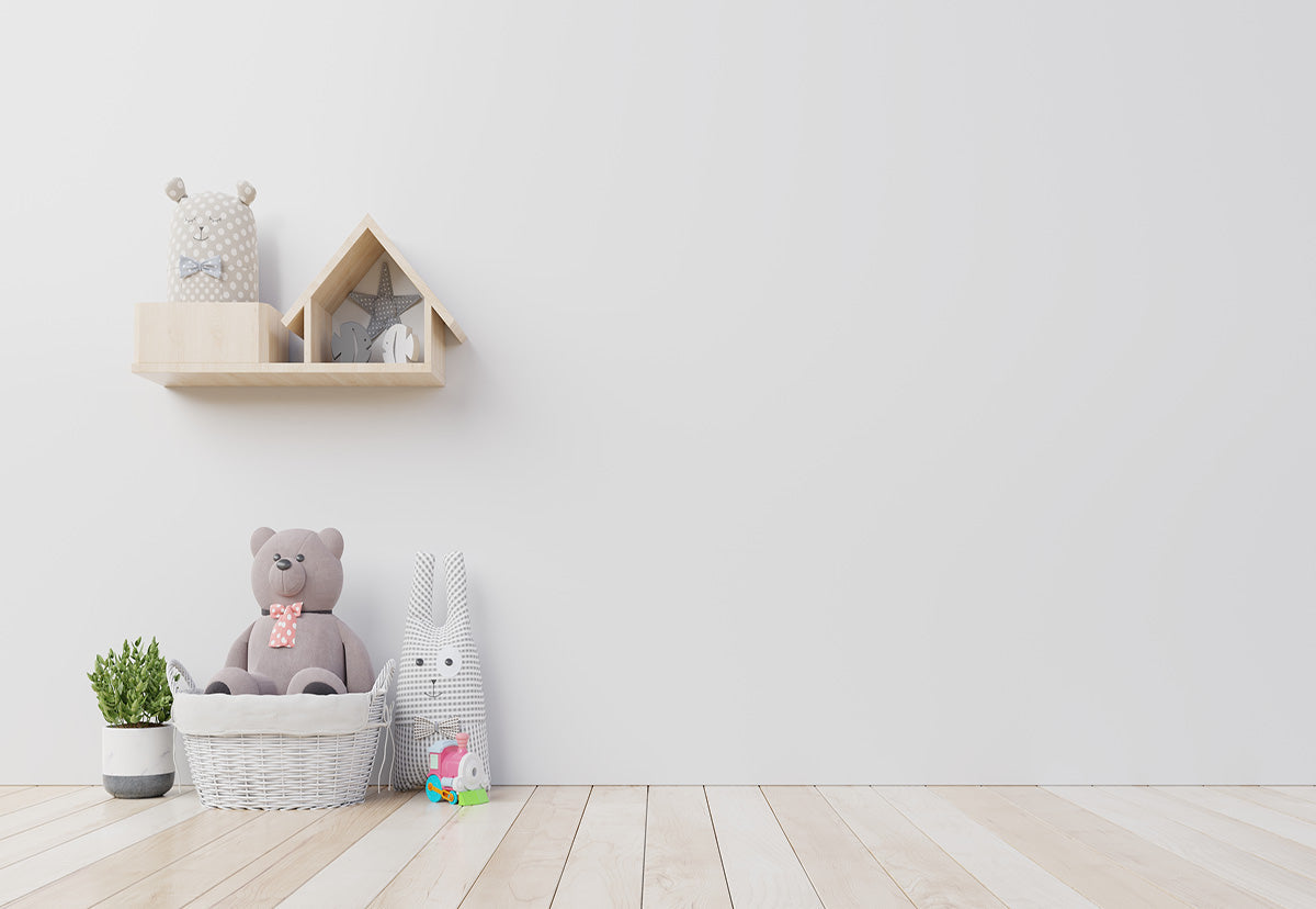 Toile de fond décors d'anniversaire d'ours de mur blanc de plancher en bois pour la photo