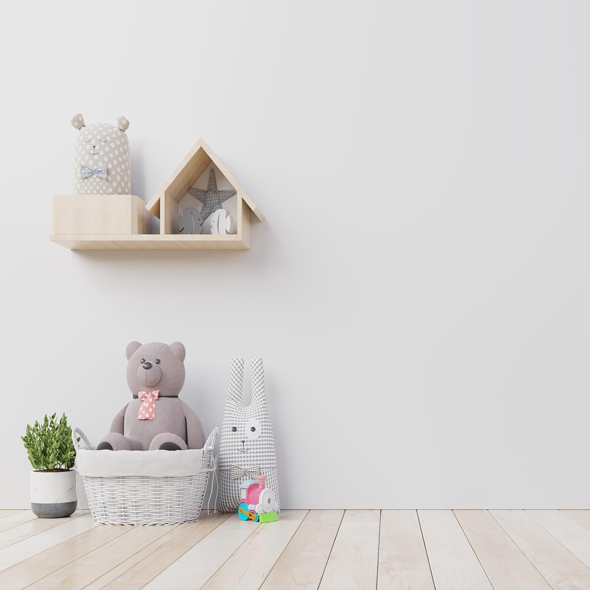 Toile de fond décors d'anniversaire d'ours de mur blanc de plancher en bois pour la photo