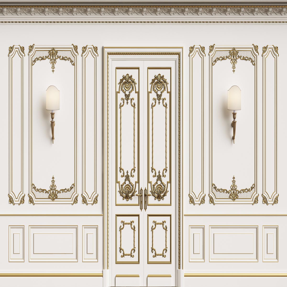 Toile de fond de porte de mur blanc de texture d'or de mariage luxueux pour le studio