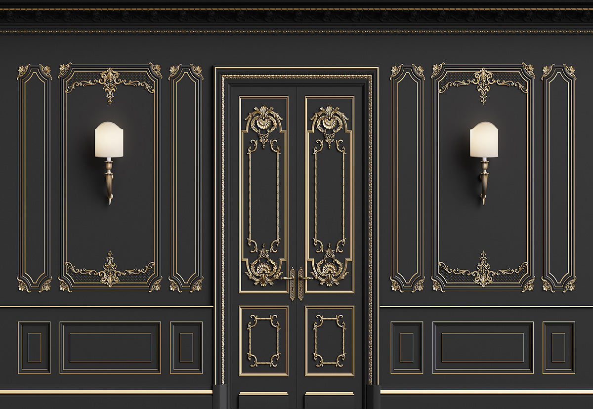 Toile de fond de porte de mur noire à texture dorée luxueuse pour la mariage en studio