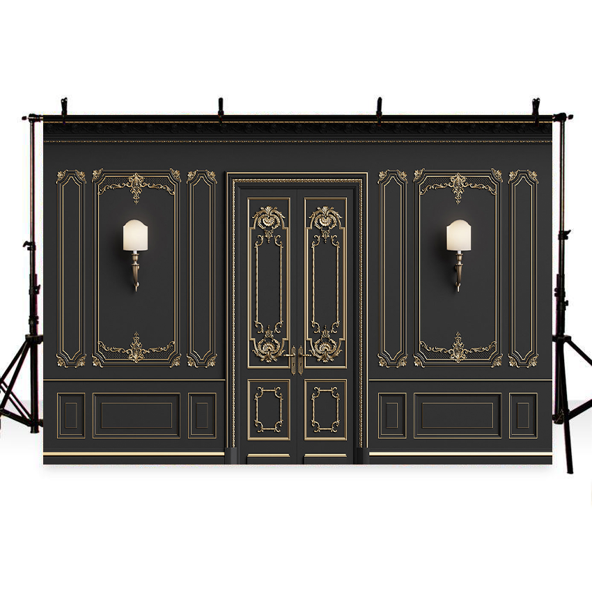 Toile de fond de porte de mur noire à texture dorée luxueuse pour la mariage en studio
