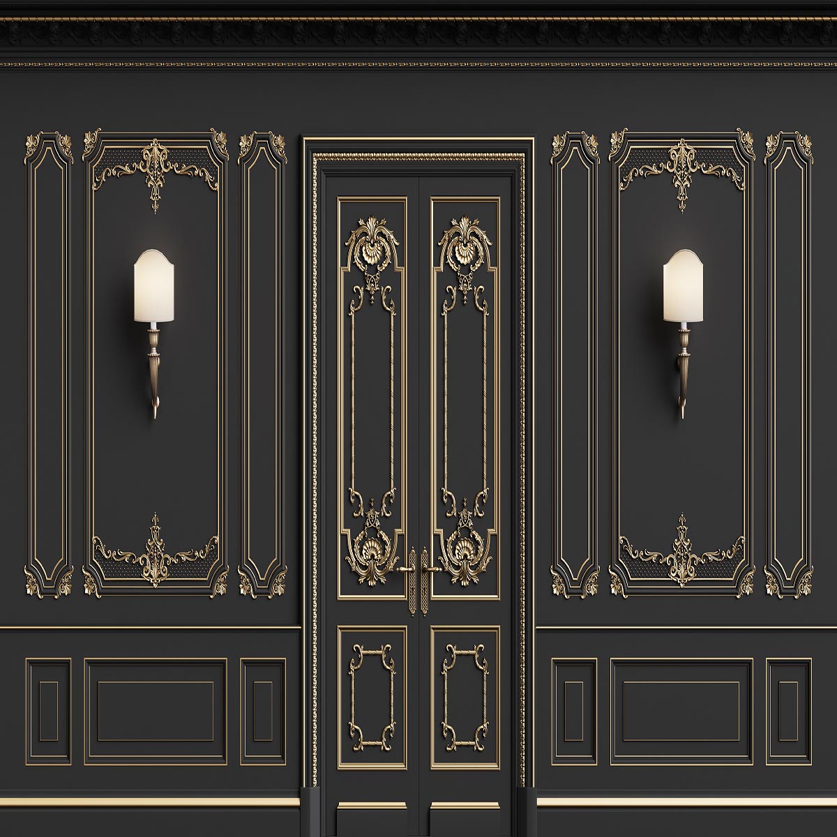 Toile de fond de porte de mur noire à texture dorée luxueuse pour la mariage en studio