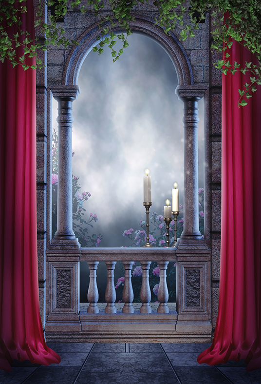 Toile de fond de balcon vintage avec des rideaux rouges de photographie SBH0255