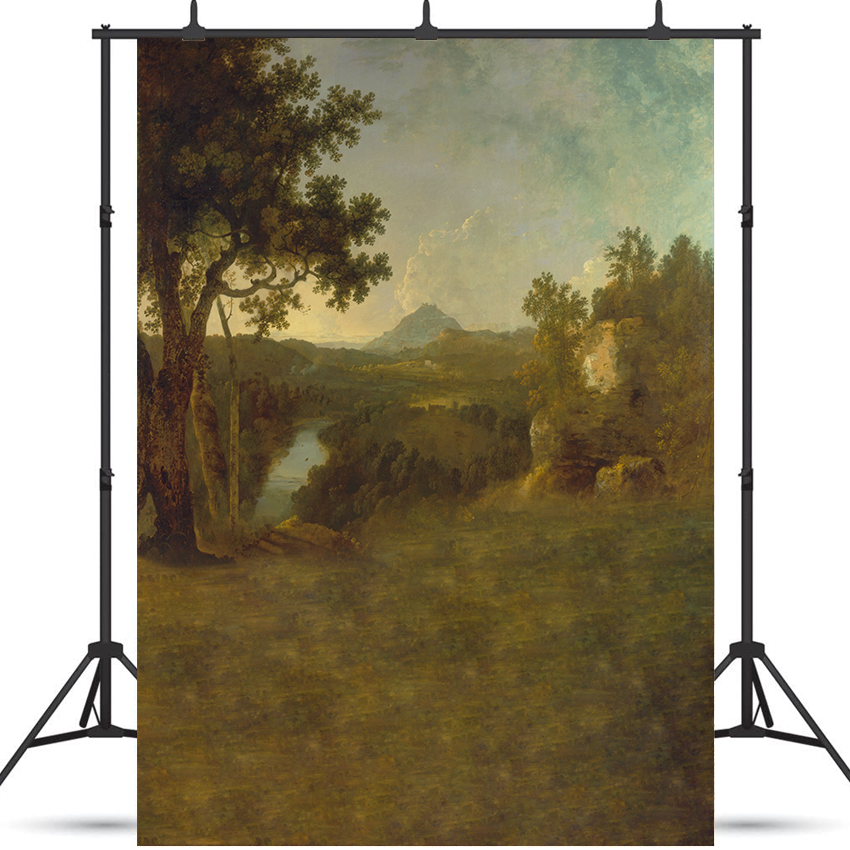 Toile de fond de photographie de peinture à l'huile vintage de paysage de bord de rivière SBH0336