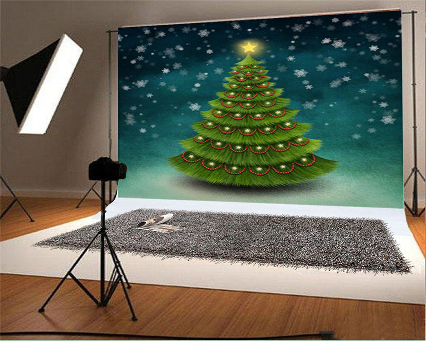 Toile de fond de décors de Noël de nuit d'étoile d'or de flocon de neige