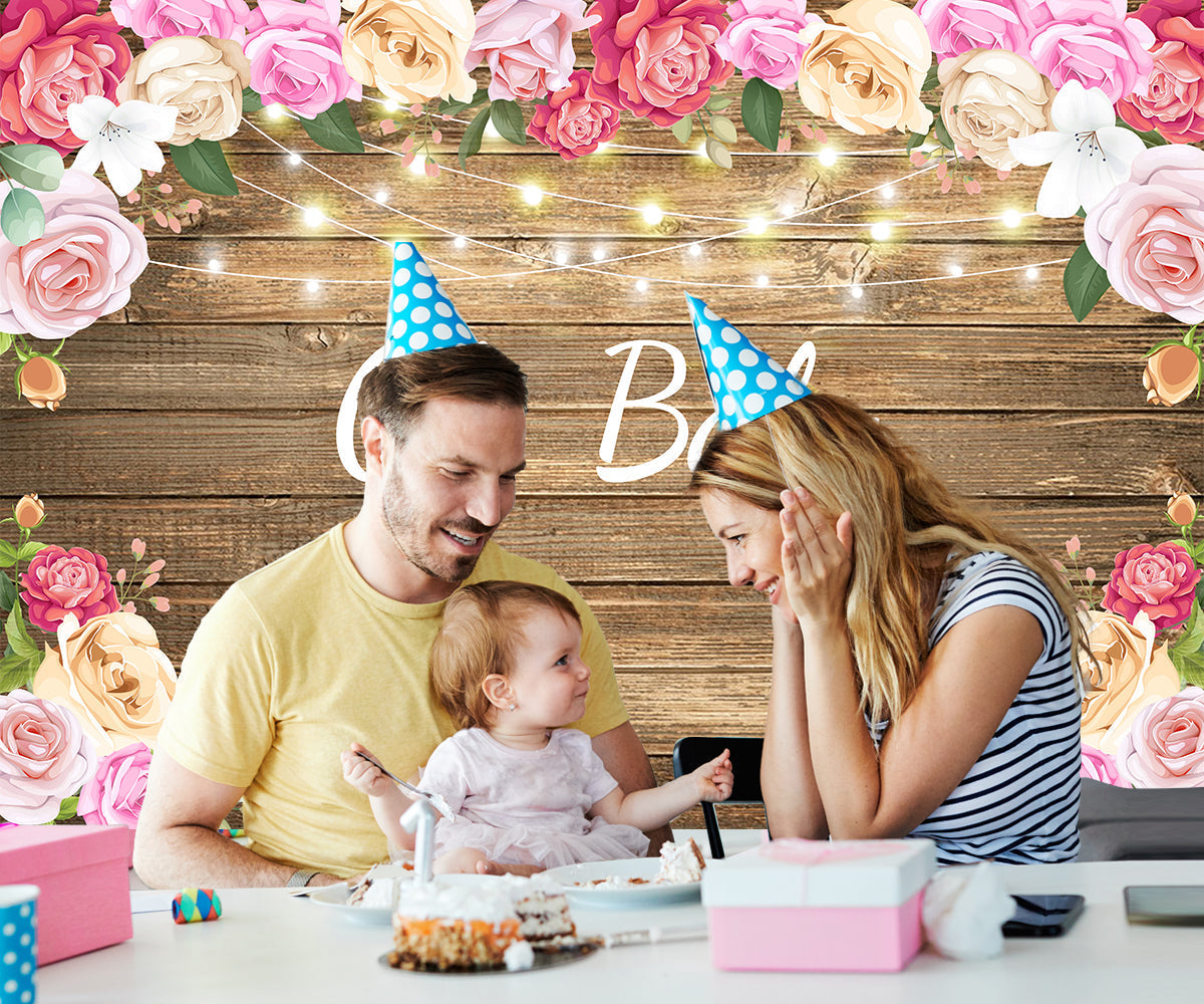 Toile de fond de photographie de mur en bois de fleur pour la fête de bébé