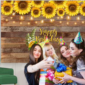 Toile de fond de photographie de texture de bois de décoration de tournesol joyeux anniversaire