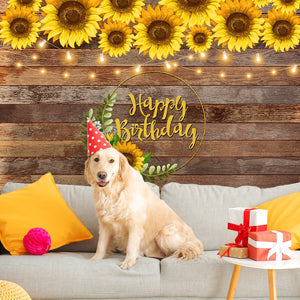 Toile de fond de photographie de texture de bois de décoration de tournesol joyeux anniversaire